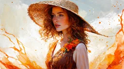 Vintage art, brown and orange shades, sunny day, straw hat for woman, summer dress, splashes of art, in the style of Dante Gabriel Rossetti, Yossi Kotler, Camilla D'Errico, masterpiece, fine art in the style of Carne Griffiths, Paula Hoppe