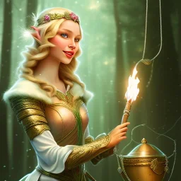 romantic fantasy spray painting, portrait of cute smiling green eyed blonde robed elf poet with cute ornament,sitting in swing, loosing torch in magical forest