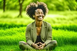 "A person smiles and feels contentment and serenity while practicing meditation in nature. They may be sitting on the grass or by a tranquil lake, placing their hands on their knees, and blissfully closing their eyes."