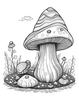 mushroom world with snail on 1 mushroom minimalistic landscape. line art, background, vector, svg, coloring book page style, black outline on white background