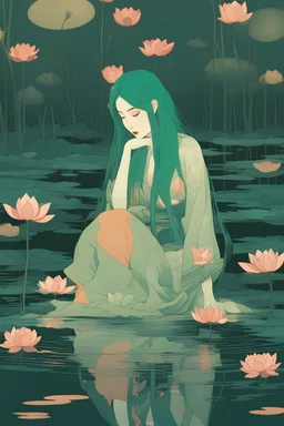 A green-haired woman sitting in a pond, with lotus flowers floating on the water by victo ngai, kilian eng,, moon, night time, reflection, loose strokes, dynamic lighting, digital art, art by james jean, takato yamamoto, 4k, concept art, illustrative, high contrast