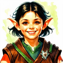 dnd, fantasy, watercolour, portrait, illustration, halfling, laborous, opportunistic, hearthy, sly, authoritative, smiling, wide face