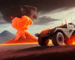 wide angle of Gi joe driving A lunar armored rover with tracks and claw and orange, troops, big Erupting volcano cloud in background, White headlights