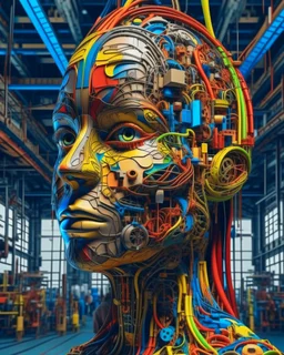 high quality illustration of a front complex woman face head mixed with a chemical plant (detailed eyes, nose, mouth , neck), surreal, visible brain, made of recycled colored objects all around and inside of head, dark industrial interior background , 4k, HDR, UHD, all in focus, clean, no grain, concept art