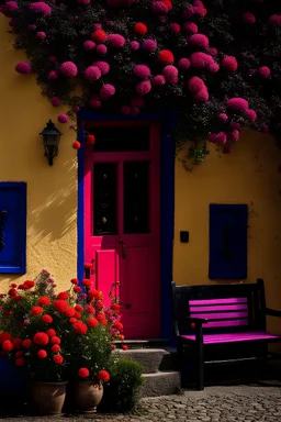 village house colorful door, black sitting bench red, yellow, pink and purple flowers, a dark day,