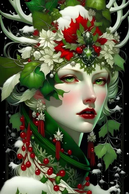 beautiful young faced art nouveau floral embossed winter queen woman portrait, adorned with show covered mistletoe flower and leaves, ribbed with white glittering diadem crystals headdress, red flower and green snowy pine art nouveau palimpsest floral embossed headress, wearing red and green and white winter queen palimpsest art nouveau style embossed floral and snowflakes style costume organic bio spinal ribbed detail of snowy winter background