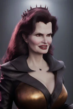 Geena Davis as evil queen in black leather, leather, busty, cleavage, angry, rage, stern look. character design by cory loftis, fenghua zhong, ryohei hase, ismail inceoglu and ruan jia. unreal engine 5, artistic lighting, highly detailed, photorealistic, fantasy