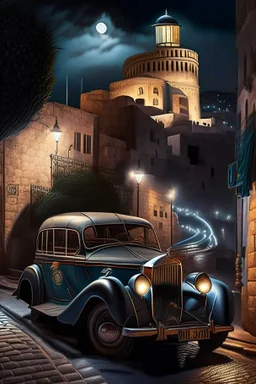 Un automóvil clásico con modificaciones estilo realista, por las calles de una ciudad Jerusalem Mount temple en la noche