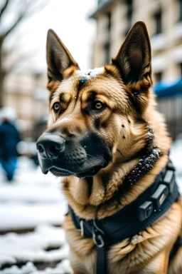 Primer plano de un perro policia raza golden en una esquina de una calle en Washington DC en un ambiente nevado