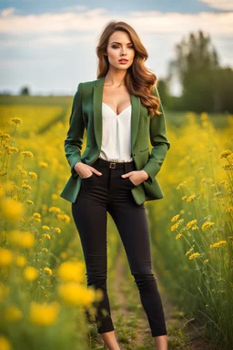 fullbody close up shot of young-beautiful-girl-with-a-perfect-face wearing pants and thight blouse and jacket, country side green field flowers day lights