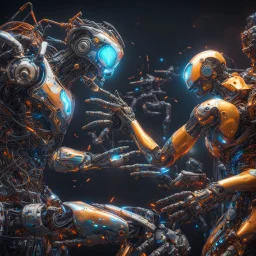 Creation of Adam with robots, high exposure, Professional photography, high contrast, bright vibrant colors, dark tone, high highlights, Intricate Patterns, Ultra Detailed, Luminous, Radiance, beautiful, Ultra Realism, Complex Details, Intricate Details, 8k, HDR, High Quality, Trending On Artstation, Sharp Focus, Studio Photo, Intricate Details,