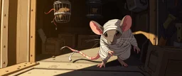 2️⃣ Boarding the Rocket "Giant mummy rat sneaks into a rocket cargo hold, bandages trailing slightly, ears twitching, eyes alert. Crates and floating tools around, with soft lights casting long shadows. A small caged rat visible in the background, and another rat suspended in a stasis pod above. Style: Rembrandt-inspired lighting, anime-inspired rat features, conveying stealth and tension."
