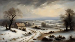 Style John Constable, rural idyll, agriculture, dream world, snow, calm beauty, fantasy world, magic, beautiful composition, exquisite detail, superb buildings in the distance