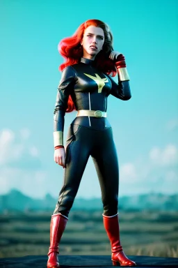 retro portrait image from 1960, sky background, wind, long red hair, fighting stance, sweet young Scarlett Johansson, black dress, classic long tight lycra black suit, gold bracelet and belt, high heel boots, superhero style, soft color, highly detailed, unreal engine 5, ray tracing, RTX, lumen lighting, ultra detail, volumetric lighting, 3d, finely drawn, high definition, high resolution.