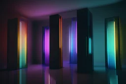 background dark, Doors are floating on the room, various color transparent tubes are floating on the room, There are darcolor monoliths in the room