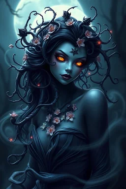 Madame Nightshade is an alluring creature made of dark, shimmering vines that twist and curl into an elegant, curvy form. Her mesmerizing eyes glow with an otherworldly light, surrounded by delicate, thorny petals that shimmer in the moonlight. Cascading silken tendrils envelop her like a flowing gown, exuding a faint, intoxicating fragrance. A necklace of glistening night-blooming flowers encircles her neck, while a swirling mist surrounds her, inviting and intoxicating, whispering secrets of