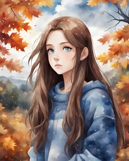 2D anime style. Sarah, a 15-year-old girl with long brown hair and blue eyes, sweater, surrounded by autumn trees and gloomy cloudy sky and beautiful landscape, watercolor painting, high detailed, high quality, 4k