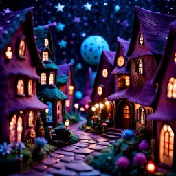 Detailed people, creepy street made of modeling clay, village, stars and planets, volumetric light flowers, naïve, Tim Burton, strong texture, extreme detail, Max Ernst, decal, rich moody colors, sparkles, Harry Potter, bokeh, odd