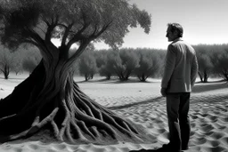 Al estilo visual de la primera temporada de la serie True Detective, un hombre observa una tumba de arena junto a un gran árbol sobre la que reposa una cornamenta de ciervo, fotografía en blanco y negor. Disparo con cámara Leica