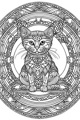 A simple minimalist coloring book mandala page drawing with thick black lines on a white background of a full length body of a kitten with no tail of the cat breed BORNEO BAY CAT in the center of the page with a blank white area around the edges. No shading. No gray. No shadows. No color. This coloring book page would appeal to children aged sixteen through adults and have clean lines for a design that is easy to color. Style raw. Aspect ratio 9:11