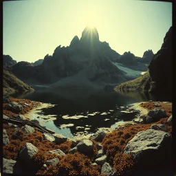 Sublime foto close-up polaroid ad alta definizione di una montagna rocciosa, un lago, surreale, colors, cityscape scifi, collage art, dadaism, sublime, splimapys nero, cielo nero, acqua nera riflette un sole nero, macabre piante circondano il lago, alghe, hypermaximalist, Max Ernst style, strangeness, intricate, hypnotic, obsessive, 8k, deep 3d field, very accentuated details of the rocks and shtn, eerie, artistic photo, shot on Hasselblad, large format film, medium format film