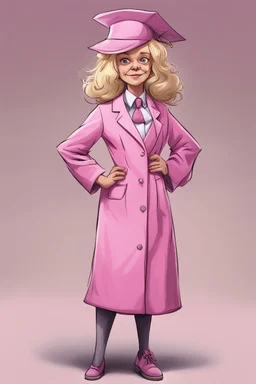 Een dom blondje die haar dokterdiploma heeft gekregen dankzij CHATGPT. Straalt domheid uit. Haar graduation outfit is volledig roze. Karikaturaal, carnavalesk, er zijn dokterattributen, denk legally blind en greys anantomy Dokter moet duidelijk zijn. Ze is lelijk, veel koninklijker, grootser, giganttisch, echt carnaval. Hoed is echt groot en karikaturaal, dom, moet wel nog steeds graduation hoed zijn, grote graduation hoed. De vest is dicht, tinten blauw, graduation sjaal, velvet en glinster