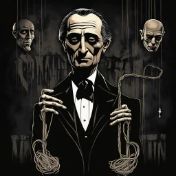 Recreate the iconic "The Godfather" movie poster but with a creepy Puppet and the graphic reads text "DREAM OF A MANIKIN" with the puppet strings in the original godfather font, black nightmarish background, horror art, by Ben Templesmith, eerie, smooth