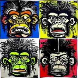 4 angry monkey faces, by Jean-Michel Basquiat and Andy Warhol, acrylic painting