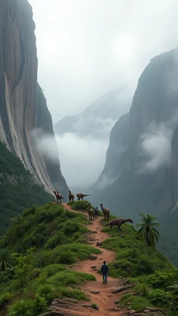 A trail between two mountains peaks with a group of dinosaurs marching in the Amazon side view , below is a huge wood top view , foggy, misty , adventures