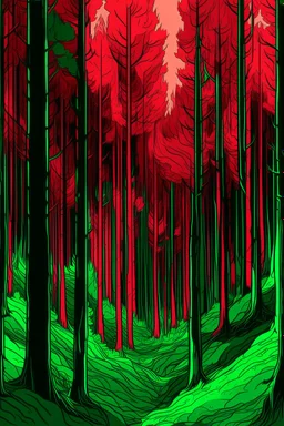 forest in red trees and dark green colors only, thin lines draw style