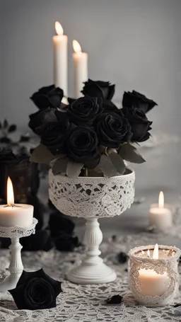 white lace fabric background.black roses with candles.cinematic