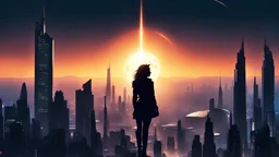 solar eclipse, cityscape, woman, future, twilight, silhouette, cyberpunk, science fiction