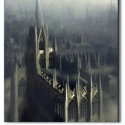 View from airplane, Neogothic architecture,by Jeremy mann, point perspective,intricate detail