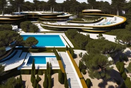 Day in quinta do lago, one straight line building of two floors on a slope of pine trees, with a 250 meters long pool on the rooftop building, modernistic luxury architecture with wood and gold metallic pergolas, sexy loungers by the pool, red Ferrari and yellow lamborghini