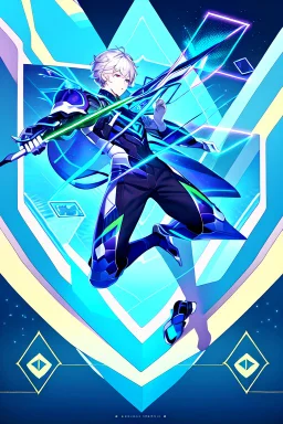 neon blue, flying parts of armor in form of triangles, cyber armor, geometric patterns on armor, male, orbiting triangle