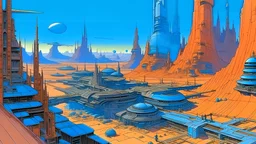 a futuristic city in the desert, art of Moebius