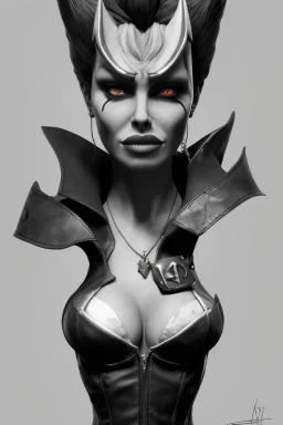 Brigitte Bardot as evil queen in black leather, busty, cleavage, curvy, angry, stern look. character design by cory loftis, fenghua zhong, ryohei hase, ismail inceoglu and ruan jia. unreal engine 5, artistic lighting, highly detailed, photorealistic, fantasy