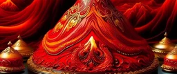 A red volcanic plateau with powerful fire designed in Mehndi design painted by Peter Carl Faberge