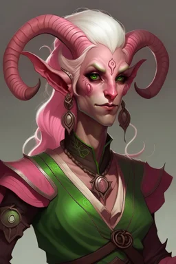 female tiefling with only 1 horn. She has Brown pink white hair and green eyes