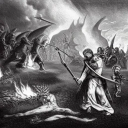 Priest smites demon with fire, armies battling in the background, romanticism.