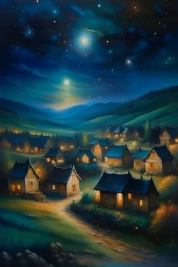 Quiet village under the exploding stars , oil painting