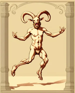 A horned satyr on full-length hind legs, legs in gray wool, jumps and smiles, sends an air kiss