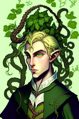 young half-Elf nobleman with green thumbs and 2 vine-like tentacles with blonde hair and green eyes and green thumbs with claws in the style of charles addams