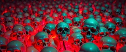 a field of 1000s of psychedelic psilocybin induced anatomically correct, skulls, vivid RANDOM BRIGHT neon colors, dark comedy, well lit, high detail, photorealistic, horrorcore, fun, scary, none featured, each a different color or hue,