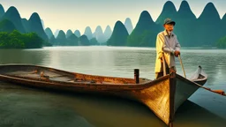 Old fisherman at guilin china on morning sunrise