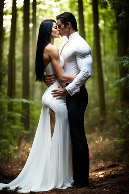 muscular alpha male embracing a young woman with long black hair wearing a long white dress standing in a forest
