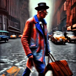 Picture 1950's street life, people, New York, very blurry, abstractism, colours, strong texture, 3d