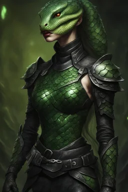 female snake humanoid, green scales, wearing a black leather armor, dungeons and dragons