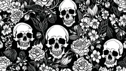 tracery of flowers and skulls, black and white, Maximum minimalism