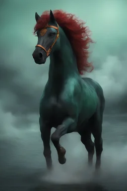 full body, head to toe, 3D, the anthropomorphic black Chinese Indian werewolf Horse with Long wavy, curly (((red hair))) and bright, (((sea-green eyes))), breathing fire, resembles Elvis Presley - full color - 32k, UHD, 1080p, 8 x 10, glossy professional quality digital photograph - dark foggy gradated background, historic, powerful, octane rendering, exquisite detail, 30 - megapixel, 4k, 85 - mm - lens, sharp - focus, intricately - ((skin details, high detailed skin texture